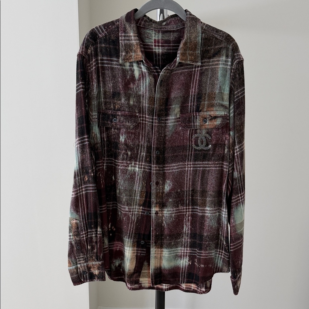 Black & Burgundy Plaid Button-Up Shirt with Subtle Distressing